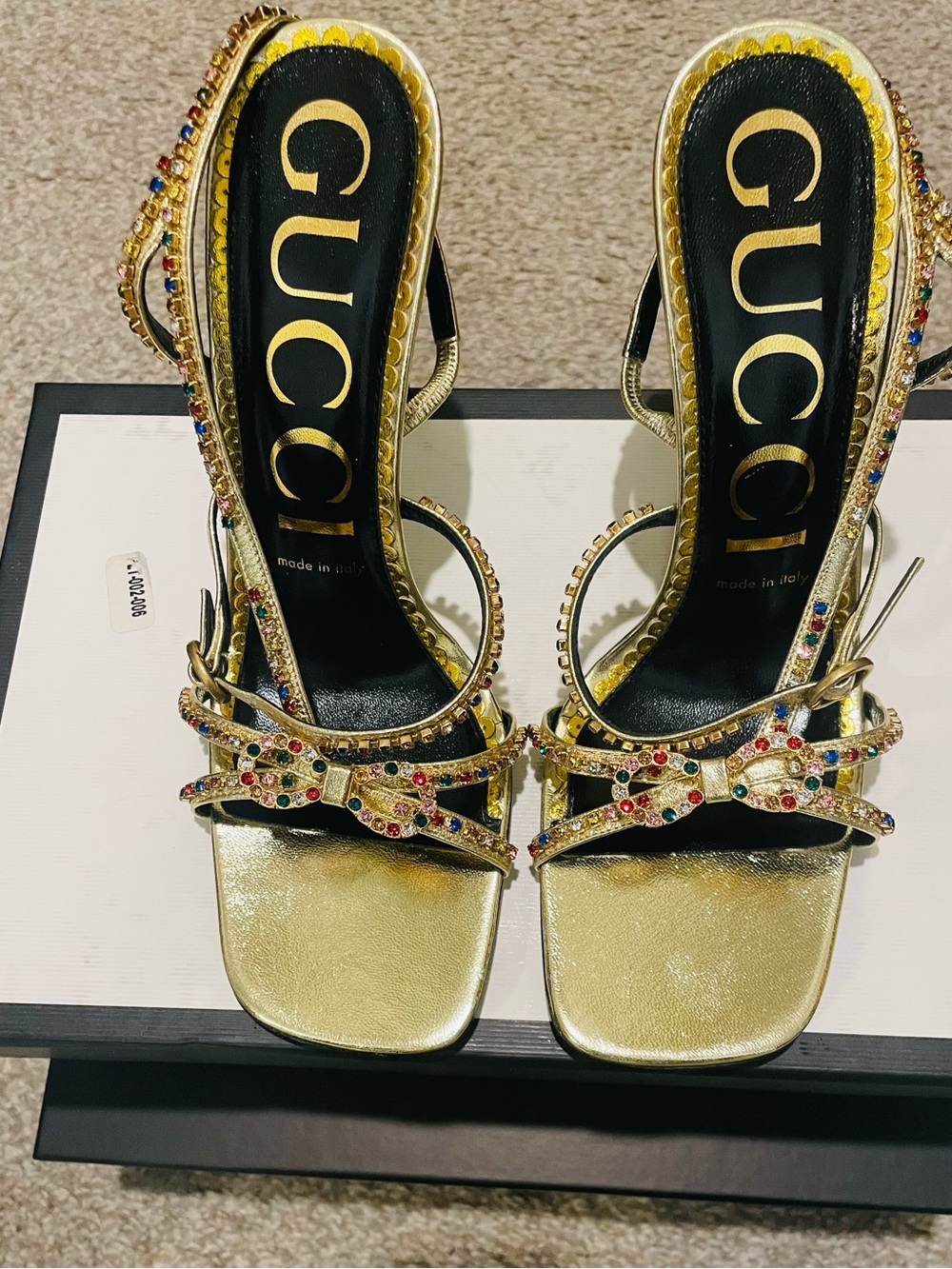 Gucci Gold Jeweled Bow-Strap High Heel Sandals - Picture 2 of 9
